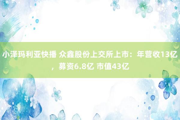 小泽玛利亚快播 众鑫股份上交所上市：年营收13亿，募资6.8亿 市值43亿